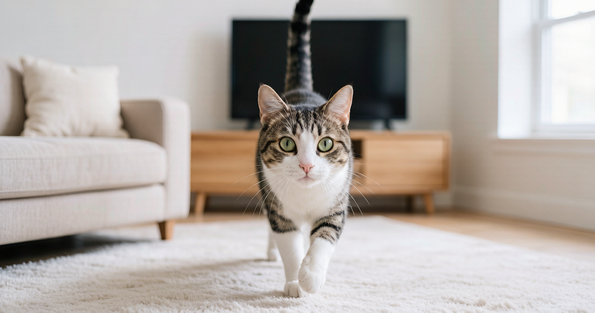 10 Common Cat Behaviors Explained: a cat walking with its tail held straight up