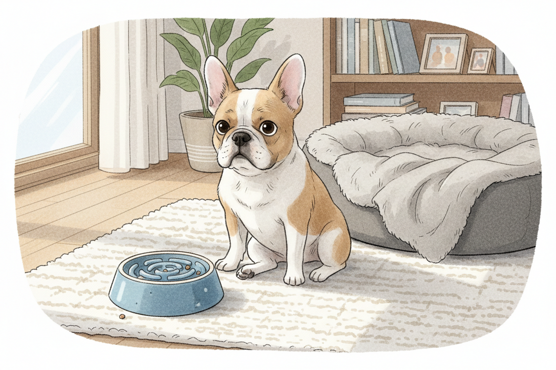 French Bulldog showing signs of vomiting and stomach discomfort due to dietary issues or fast eating behavior