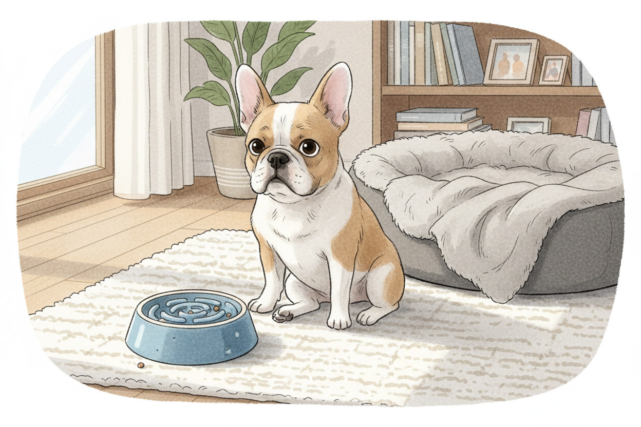 French Bulldog showing signs of vomiting and stomach discomfort due to dietary issues or fast eating behavior