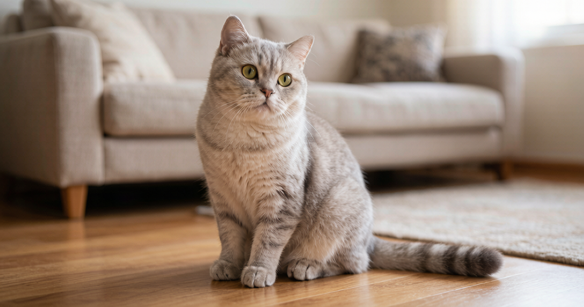 How to Understand Your Cat's Body Language: a relaxed cat with its body fully visible and tail still