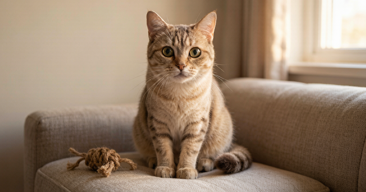 Understanding Cat Behavior: a curious domestic cat watching carefully from a sofa
