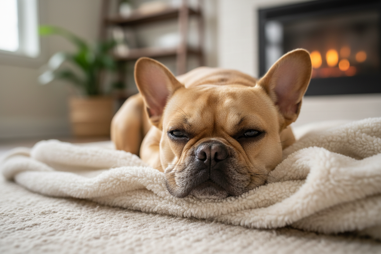 French Bulldog showing loud breathing and panting caused by brachycephalic airway structure and overheating risk