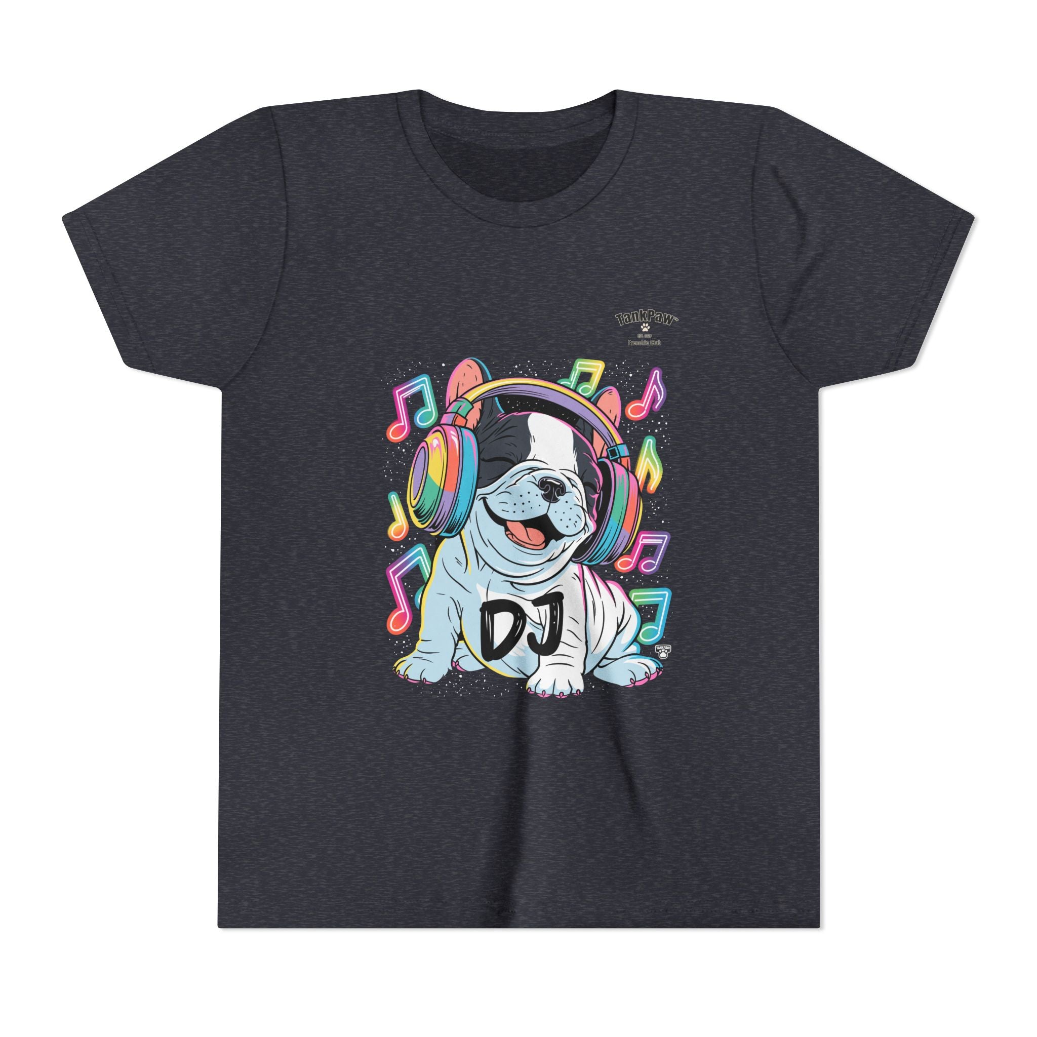 DJ Bulldog Kids Tee — Colorful Headphones Music T-Shirt for Boys & Girls