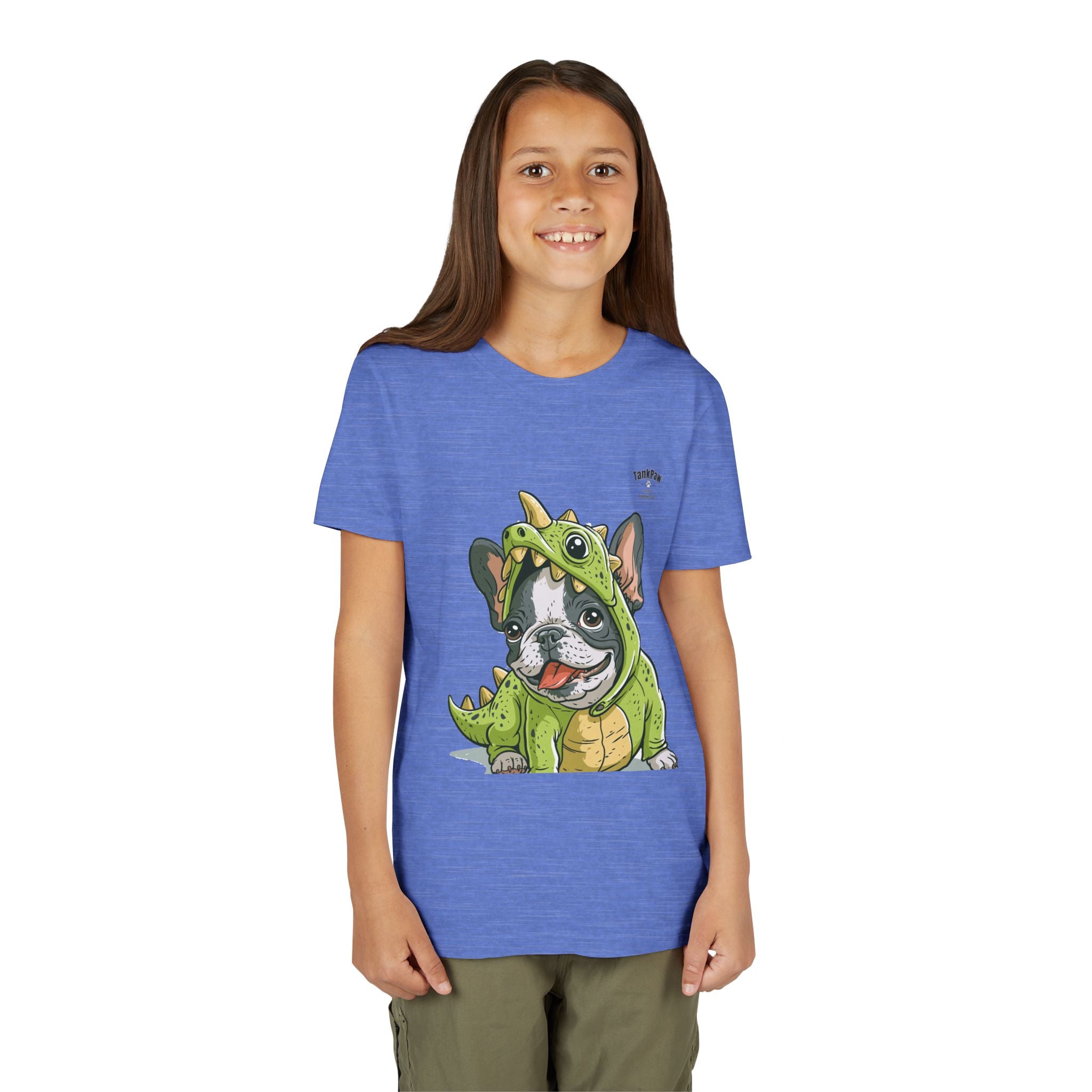 Kids Dino Costume Tee — Cute French Bulldog Puppy in Green Dinosaur Outfit