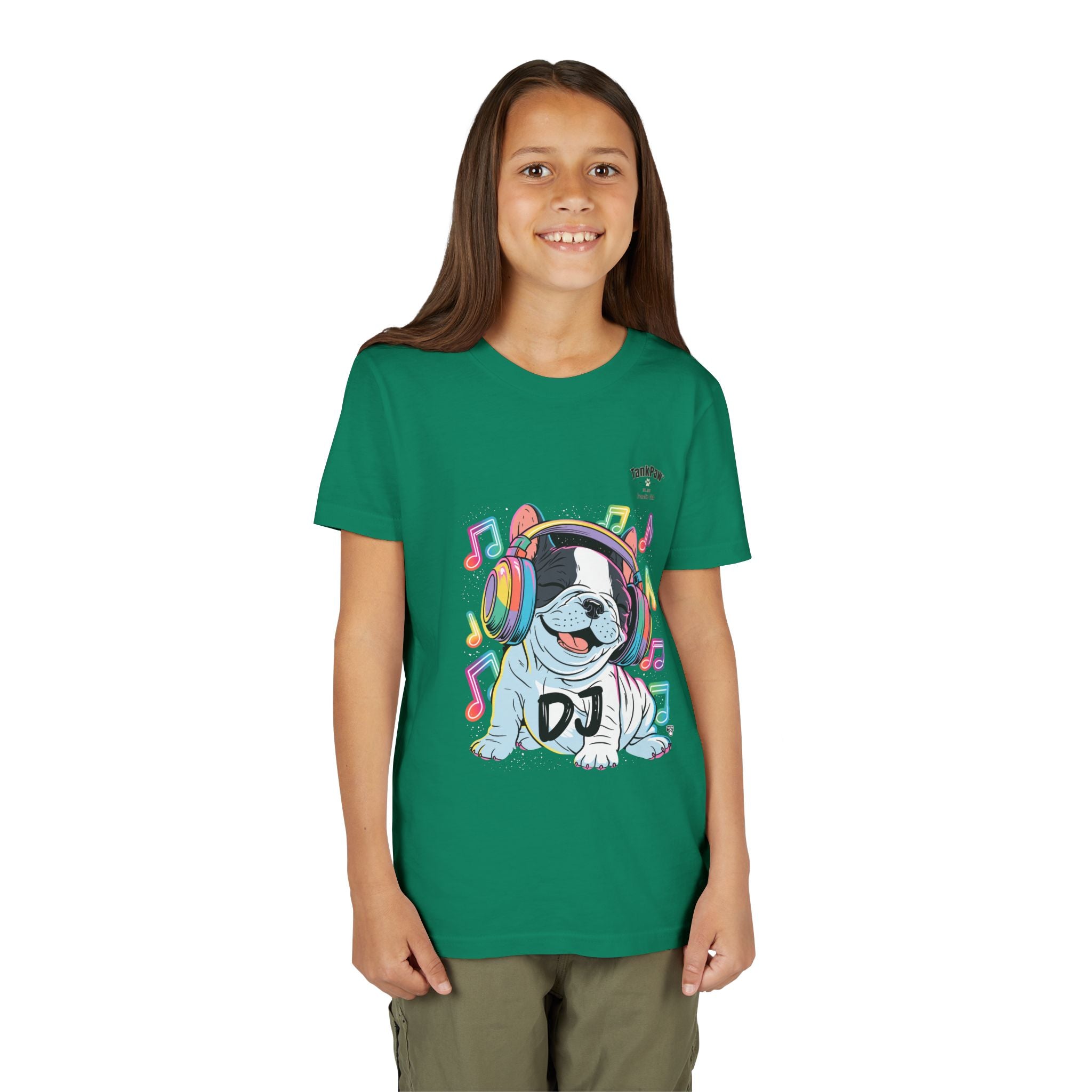 DJ Bulldog Kids Tee — Colorful Headphones Music T-Shirt for Boys & Girls