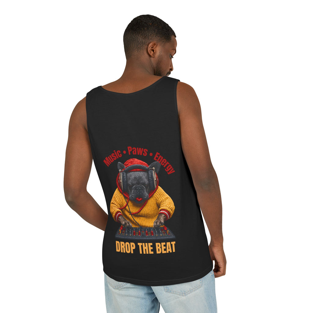 DJ Frenchie Dog Vest — "Music, Paw Prints, Energy: Igniting the Beat" Graphic Vest
