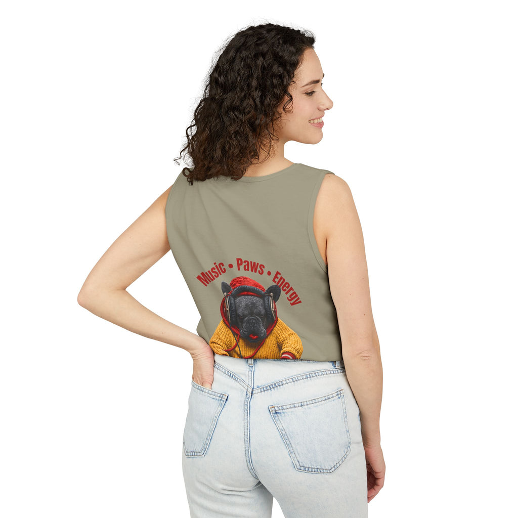 DJ Frenchie Dog Vest — "Music, Paw Prints, Energy: Igniting the Beat" Graphic Vest