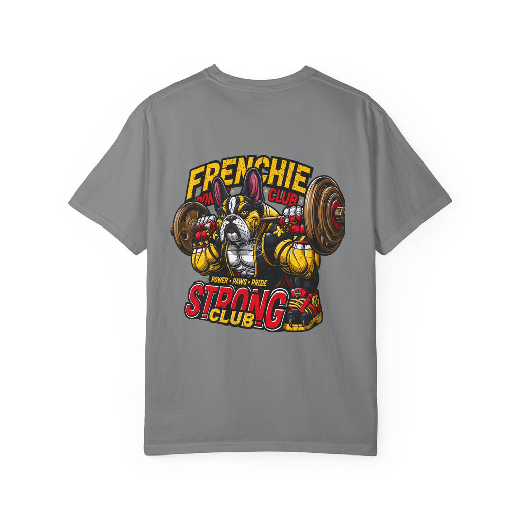 "Muscle-Style Frenchie Fitness T-Shirt — Cute French Bulldog Weightlifting Graphic Tee"