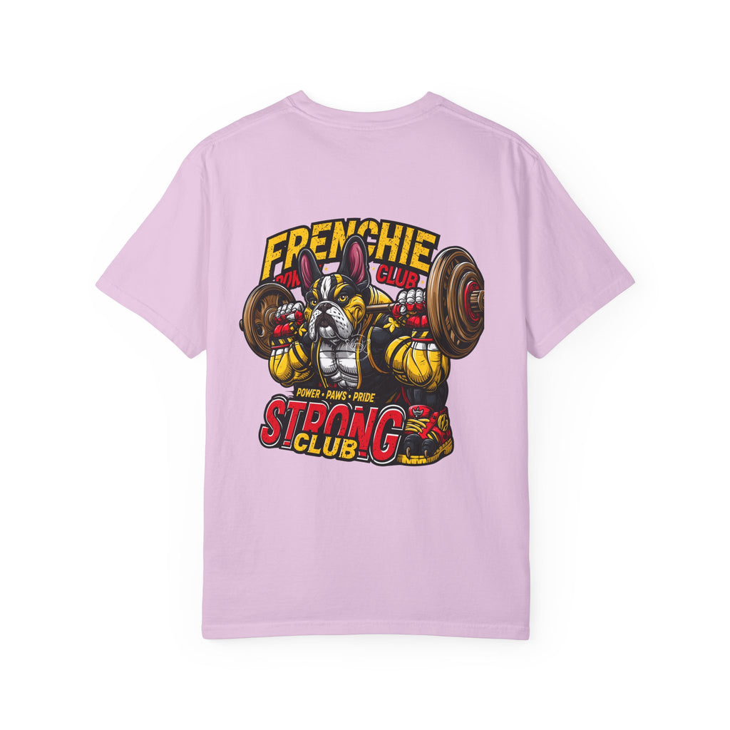 "Muscle-Style Frenchie Fitness T-Shirt — Cute French Bulldog Weightlifting Graphic Tee"