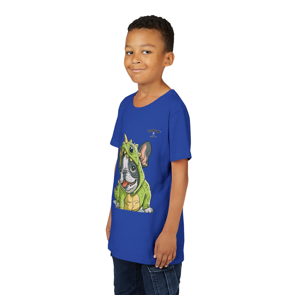 Kids Dino Costume Tee — Cute French Bulldog Puppy in Green Dinosaur Outfit