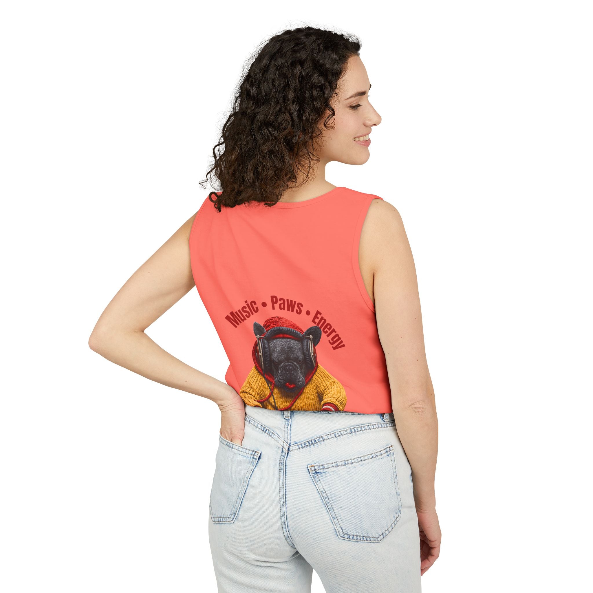 DJ Frenchie Dog Vest — "Music, Paw Prints, Energy: Igniting the Beat" Graphic Vest