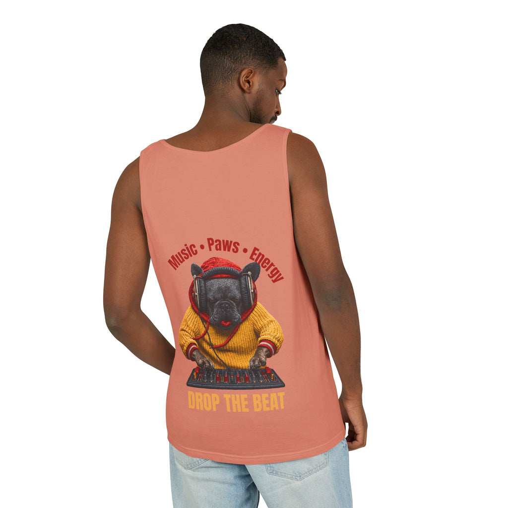 DJ Frenchie Dog Vest — "Music, Paw Prints, Energy: Igniting the Beat" Graphic Vest