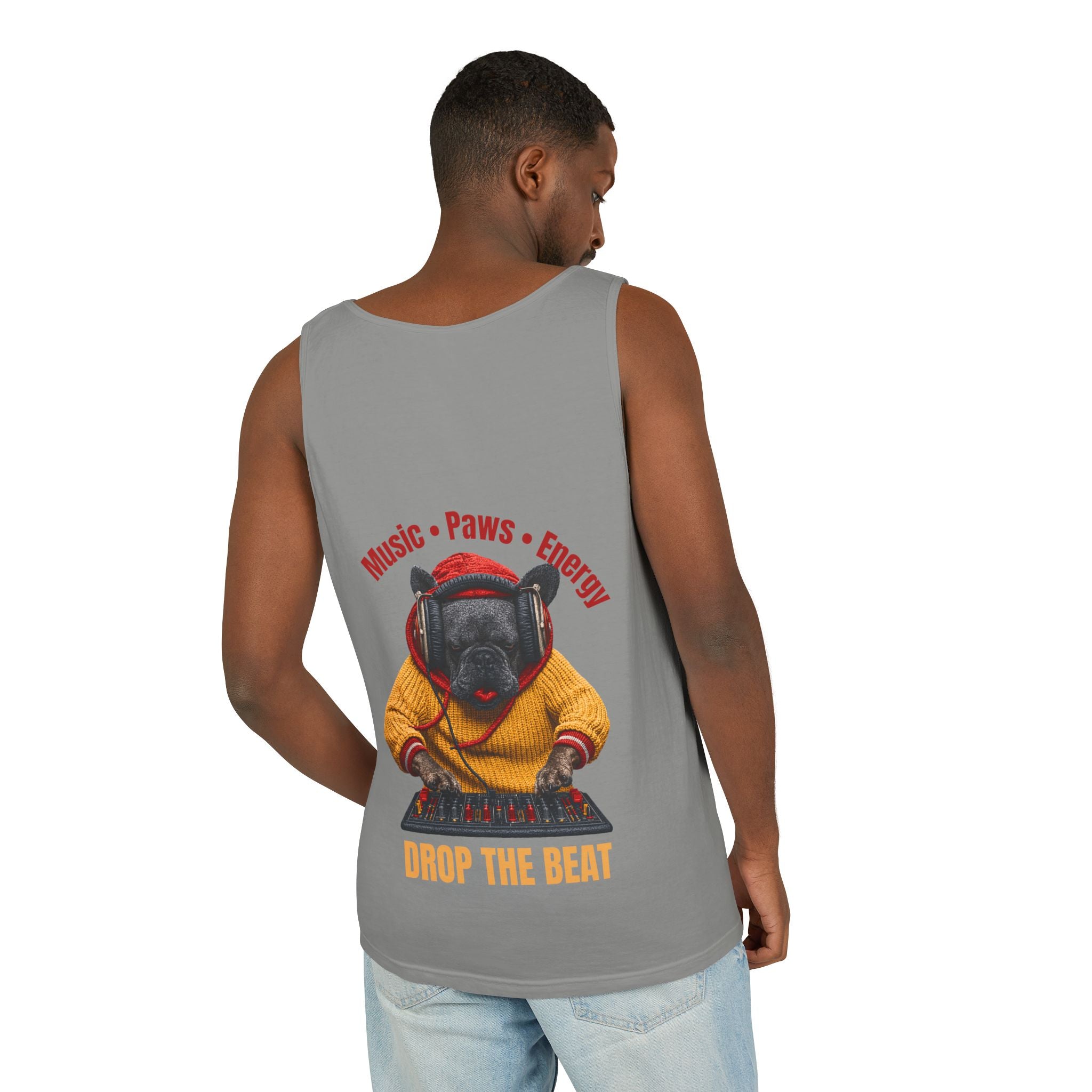 DJ Frenchie Dog Vest — "Music, Paw Prints, Energy: Igniting the Beat" Graphic Vest