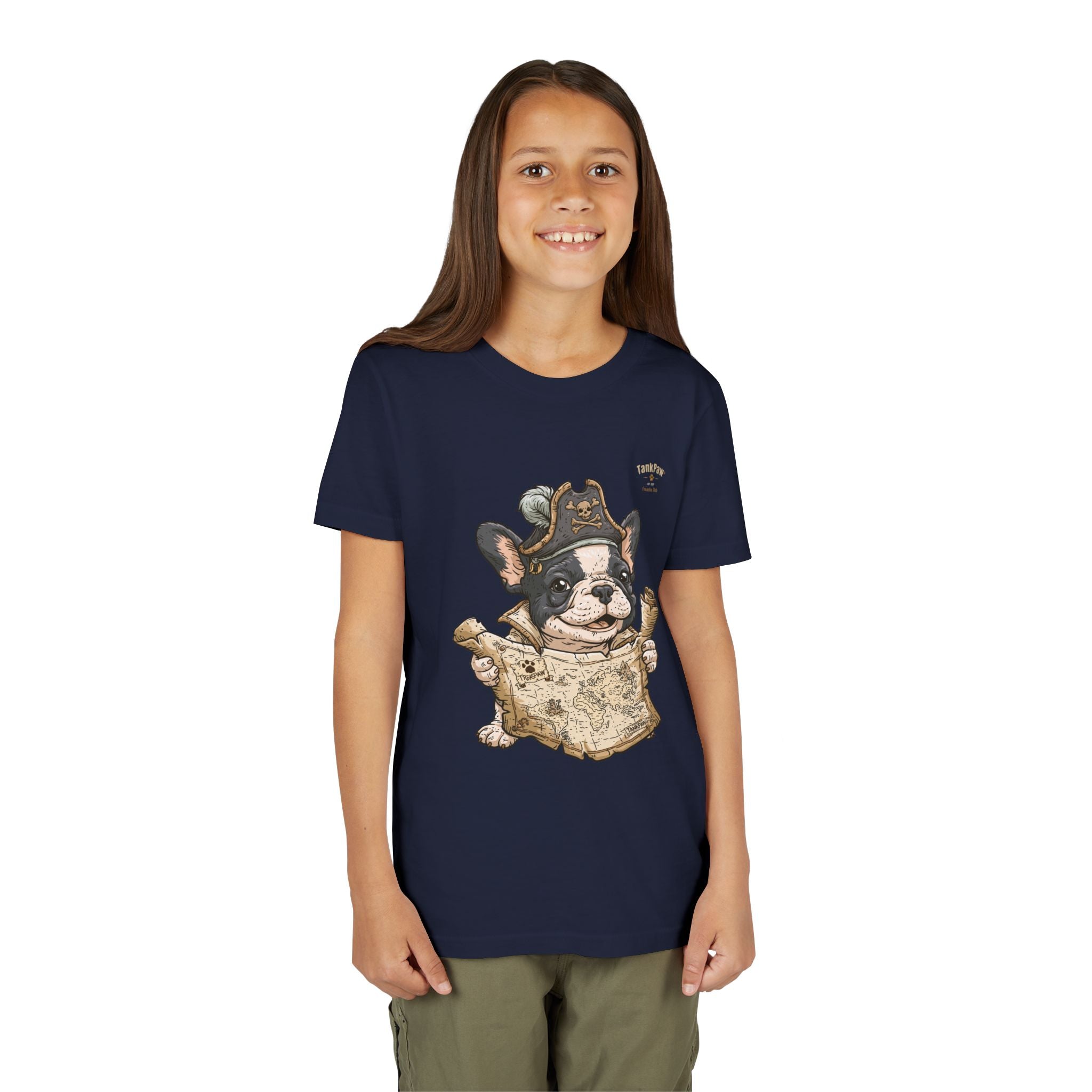 Kids Pirate Dog Tee — "Ahoy!" Map & Captain French Bulldog Youth T-Shirt