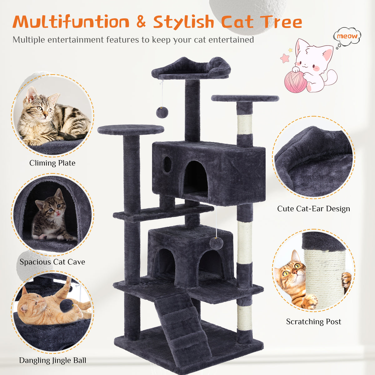 Multi-Level Cat Tree House | Cat Tower with Scratching Posts & Climbing Platform for Indoor Cats