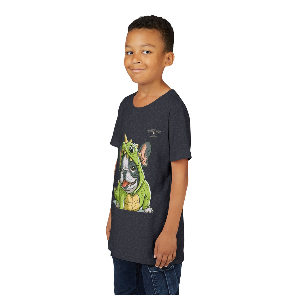 Kids Dino Costume Tee — Cute French Bulldog Puppy in Green Dinosaur Outfit