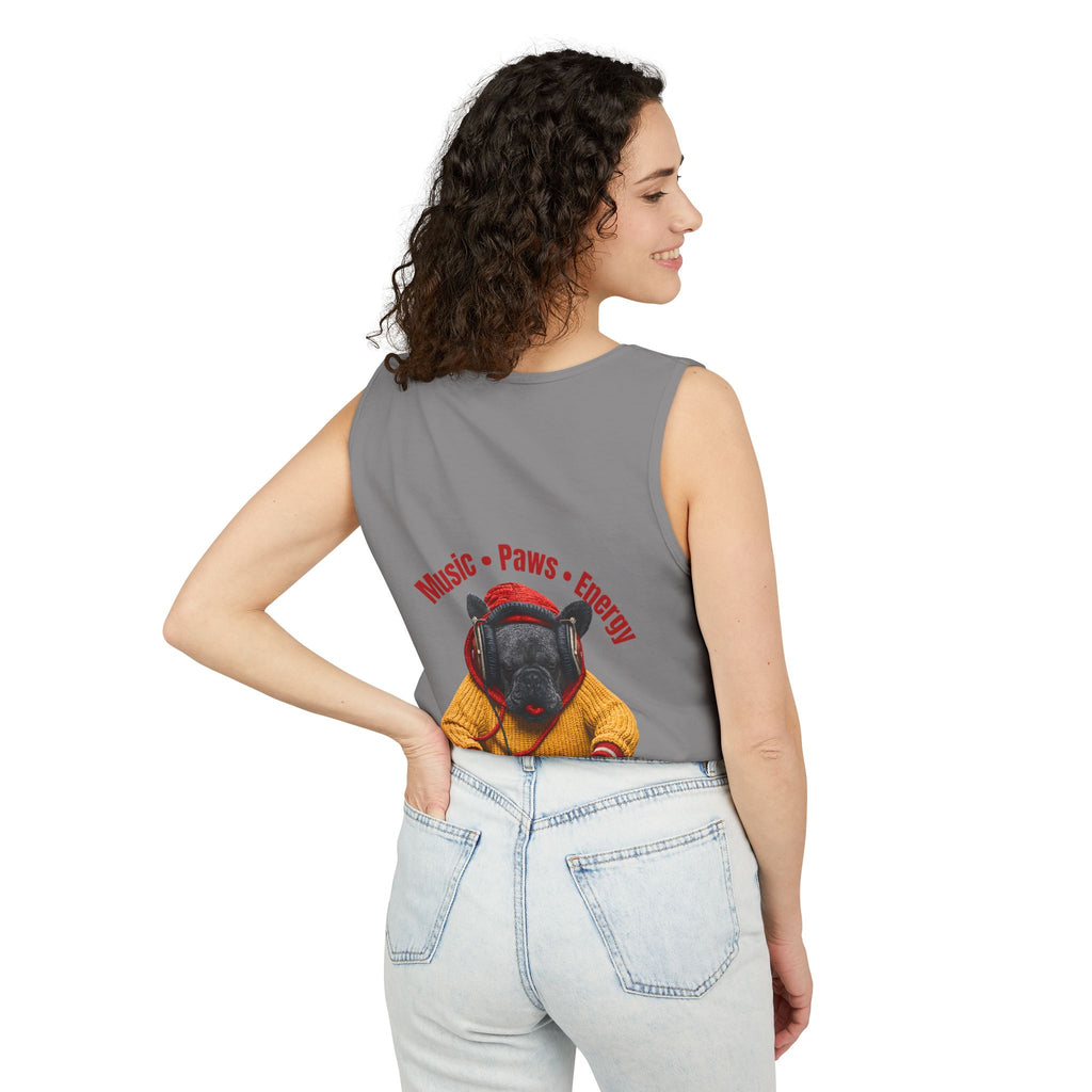 DJ Frenchie Dog Vest — "Music, Paw Prints, Energy: Igniting the Beat" Graphic Vest