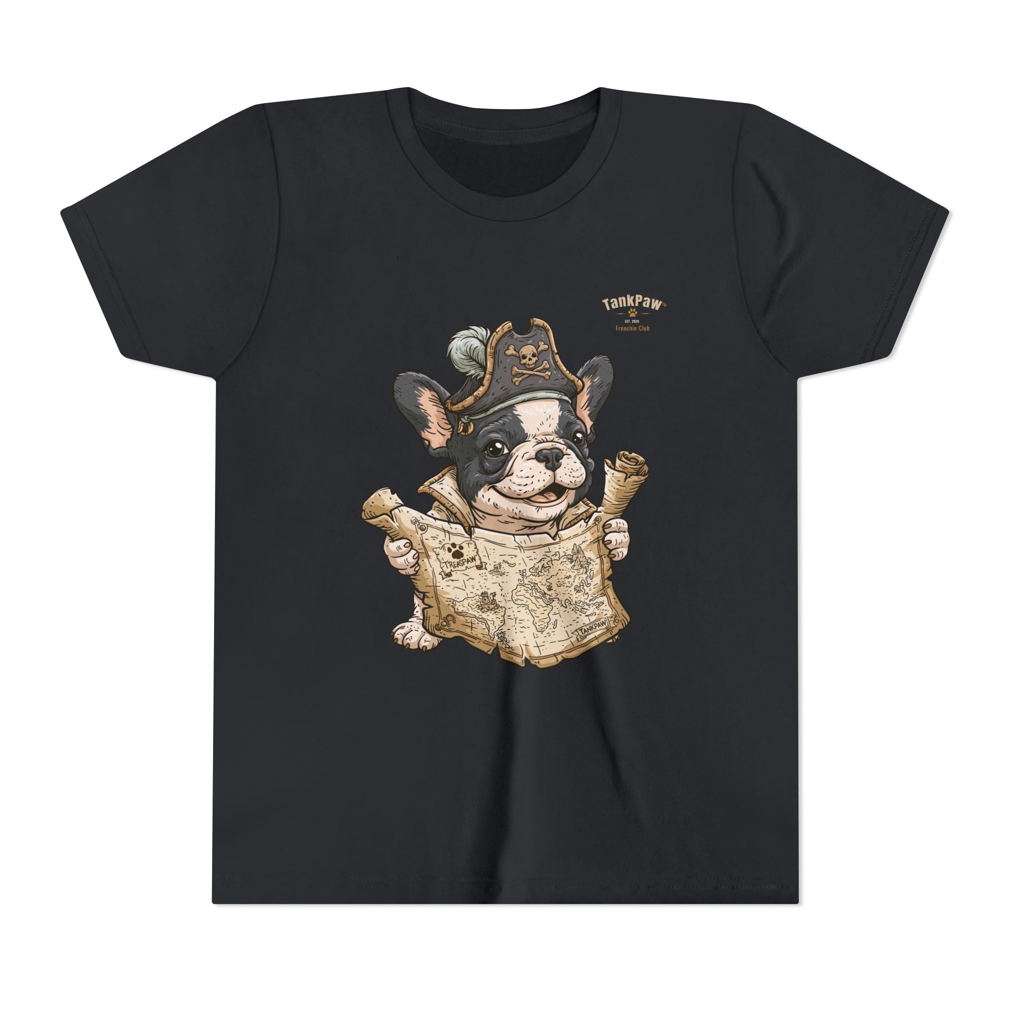 Kids Pirate Dog Tee — "Ahoy!" Map & Captain French Bulldog Youth T-Shirt