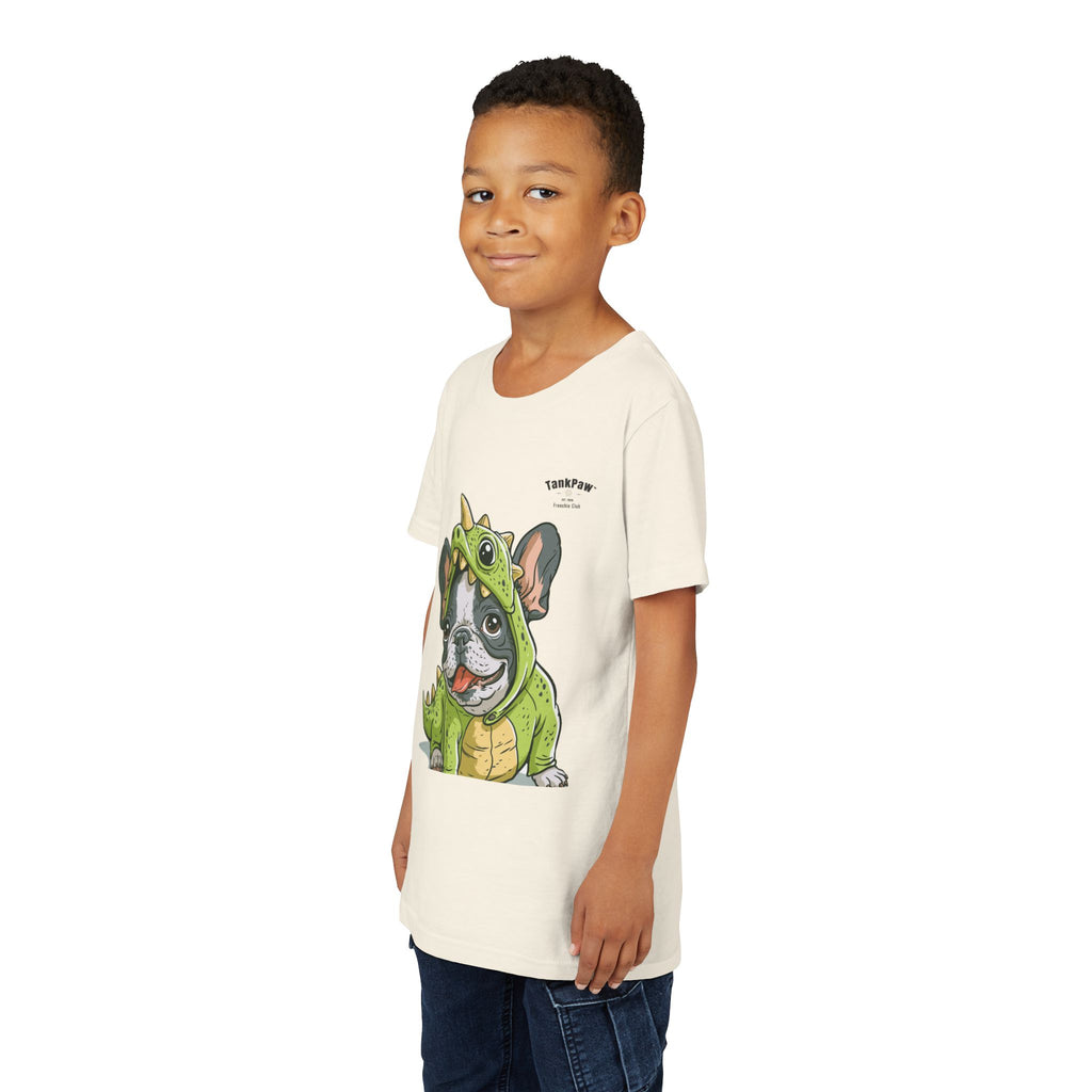 Kids Dino Costume Tee — Cute French Bulldog Puppy in Green Dinosaur Outfit