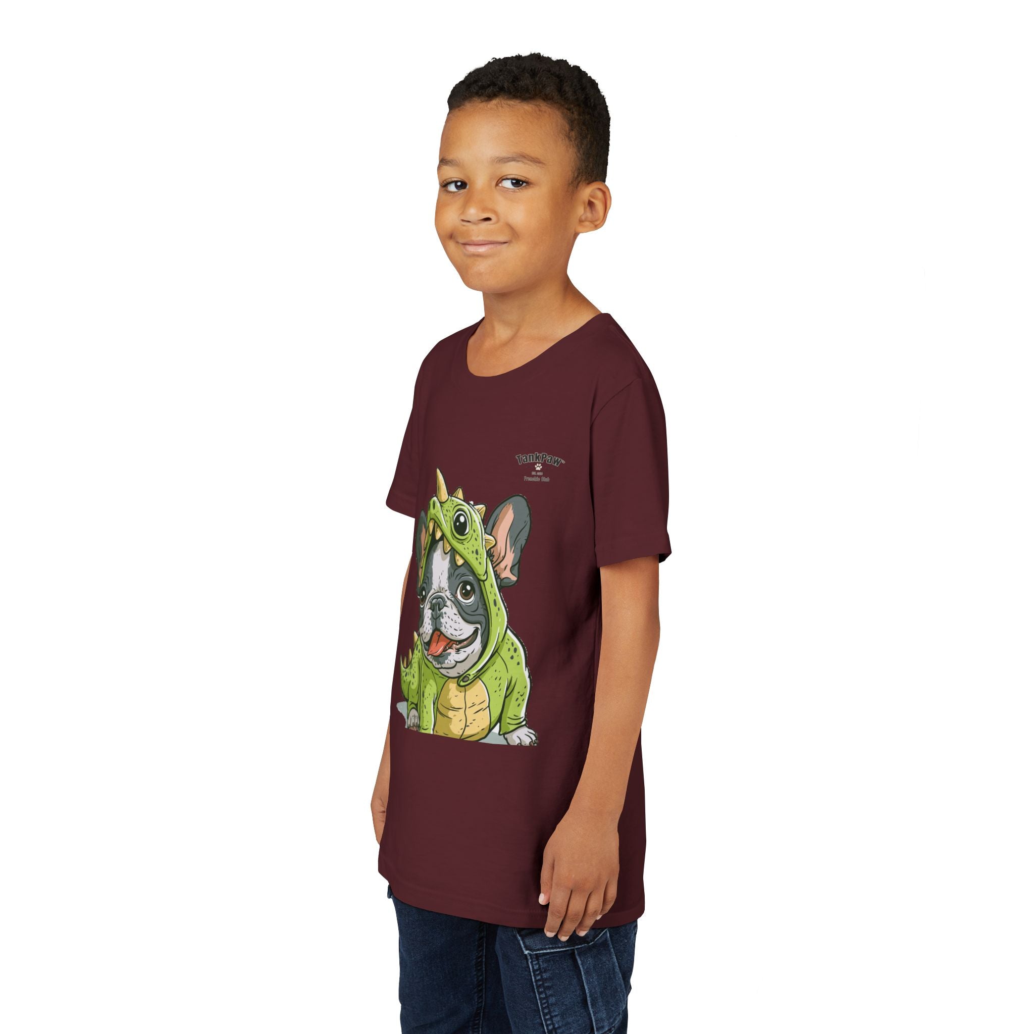 Kids Dino Costume Tee — Cute French Bulldog Puppy in Green Dinosaur Outfit