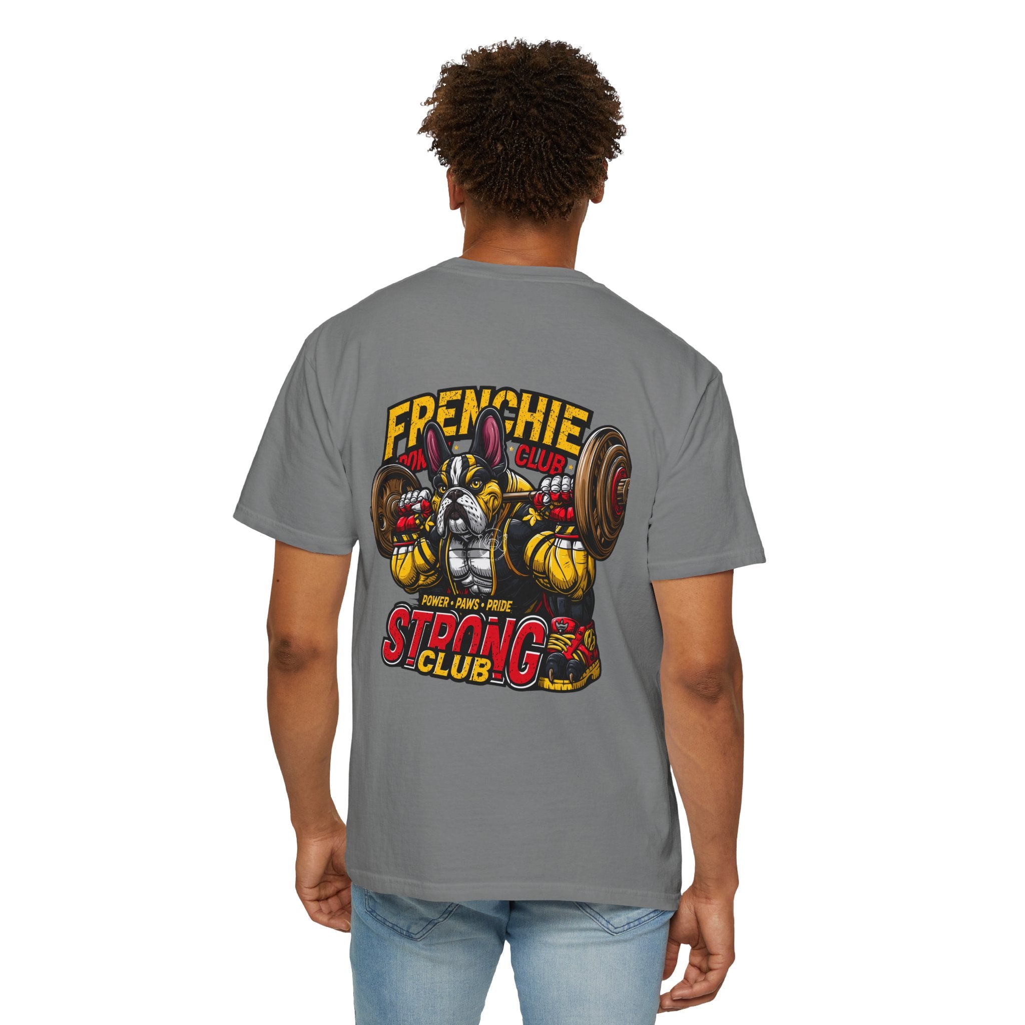 "Muscle-Style Frenchie Fitness T-Shirt — Cute French Bulldog Weightlifting Graphic Tee"