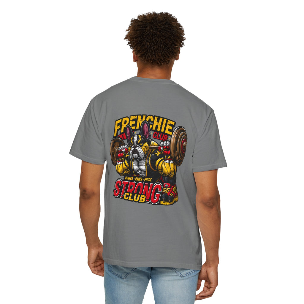 "Muscle-Style Frenchie Fitness T-Shirt — Cute French Bulldog Weightlifting Graphic Tee"