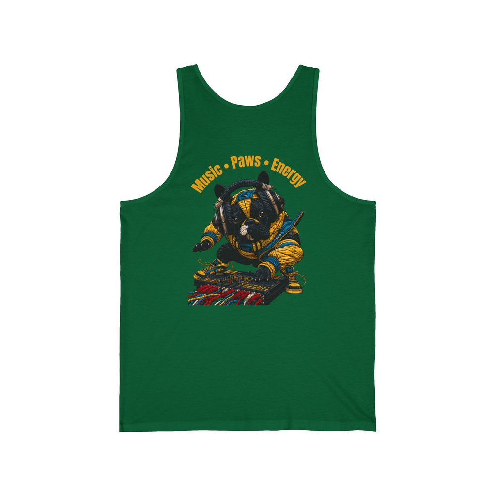 DJ Frenchie Graphic Tank Top — "Music, Paw Prints, & Energy" Summer Music Festival Tee