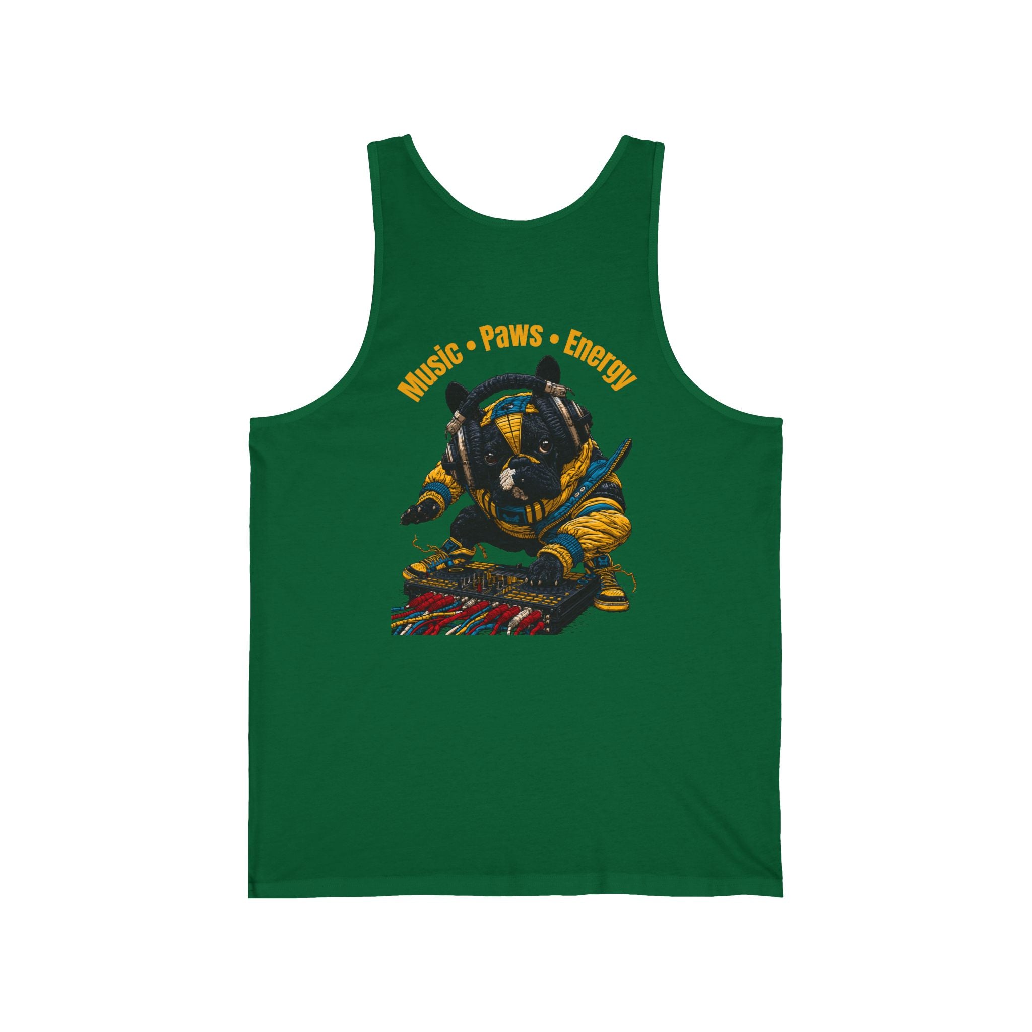 DJ Frenchie Graphic Tank Top — "Music, Paw Prints, & Energy" Summer Music Festival Tee