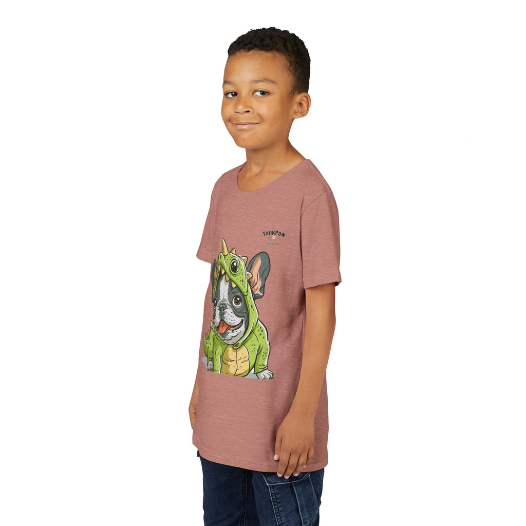 Kids Dino Costume Tee — Cute French Bulldog Puppy in Green Dinosaur Outfit