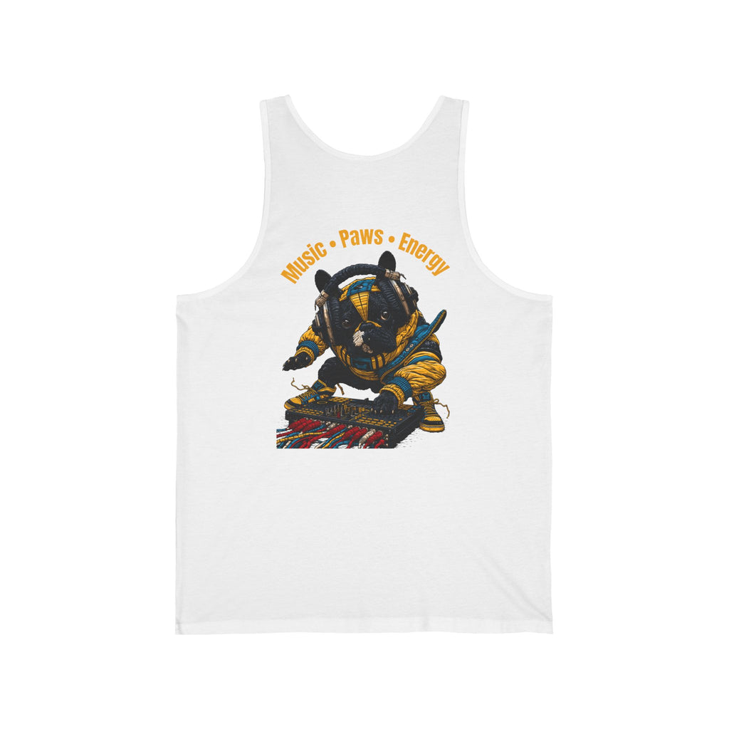 DJ Frenchie Graphic Tank Top — "Music, Paw Prints, & Energy" Summer Music Festival Tee