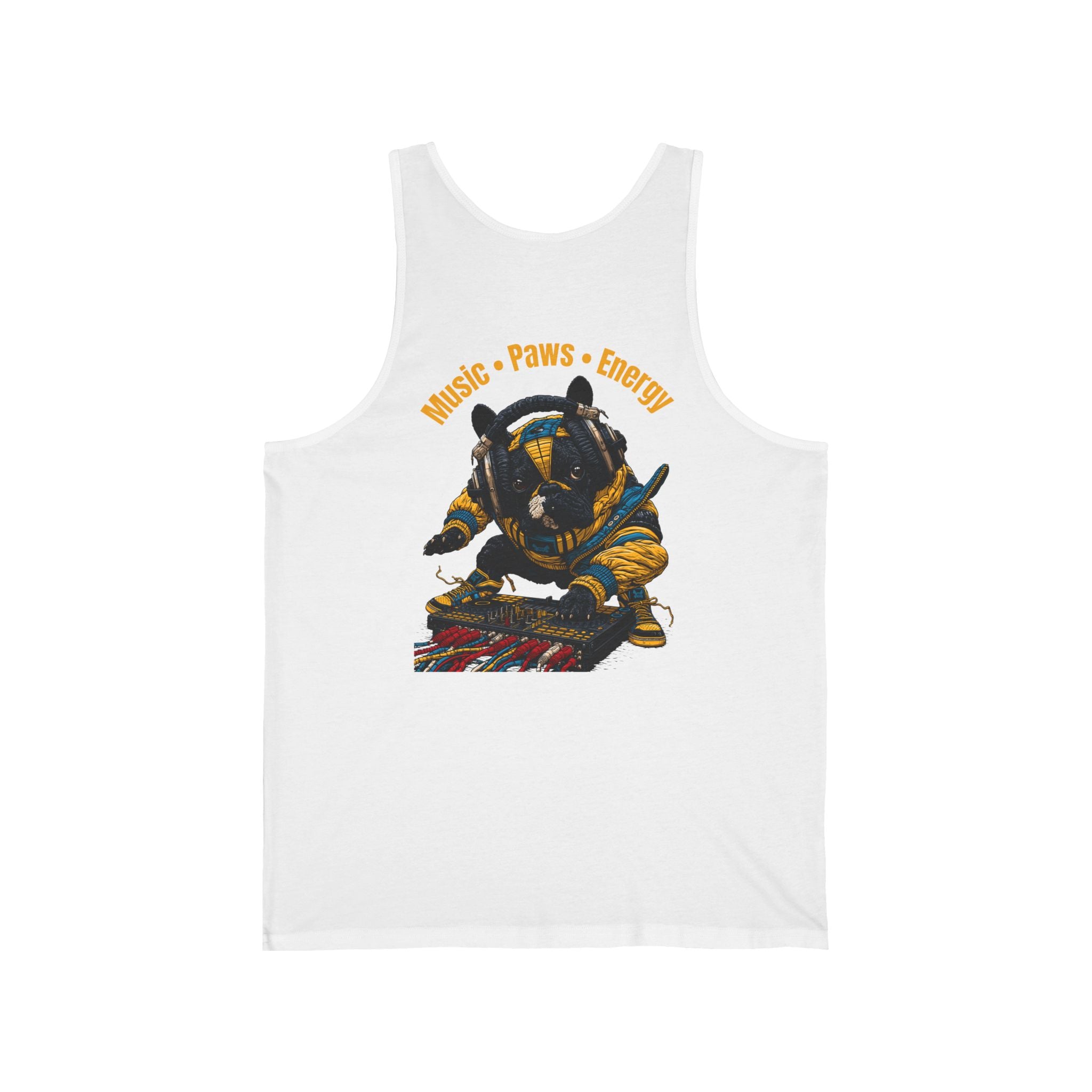 DJ Frenchie Graphic Tank Top — "Music, Paw Prints, & Energy" Summer Music Festival Tee