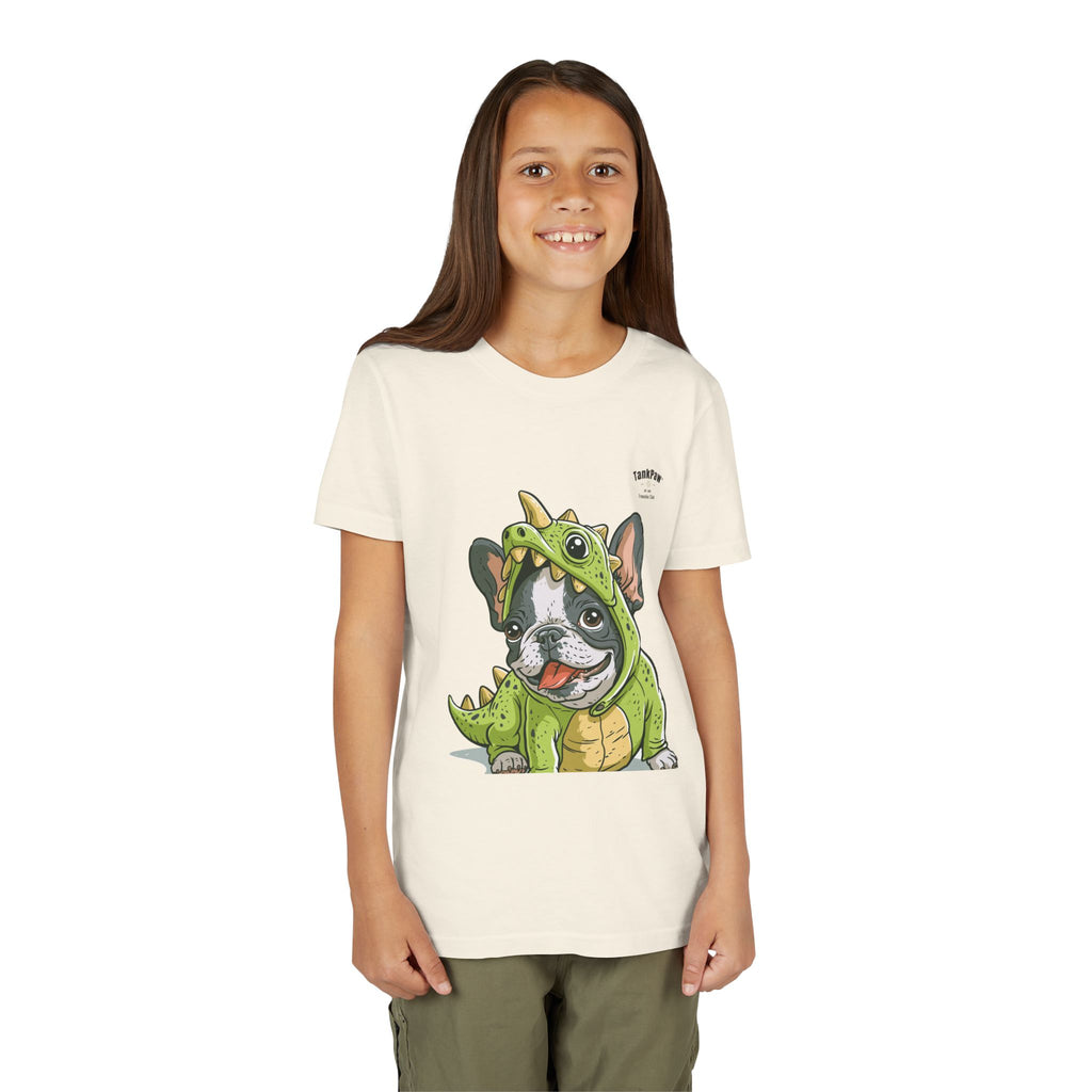 Kids Dino Costume Tee — Cute French Bulldog Puppy in Green Dinosaur Outfit