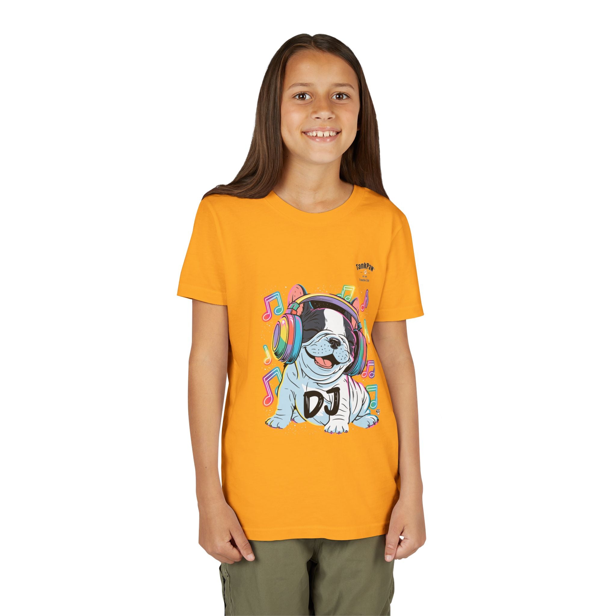 DJ Bulldog Kids Tee — Colorful Headphones Music T-Shirt for Boys & Girls
