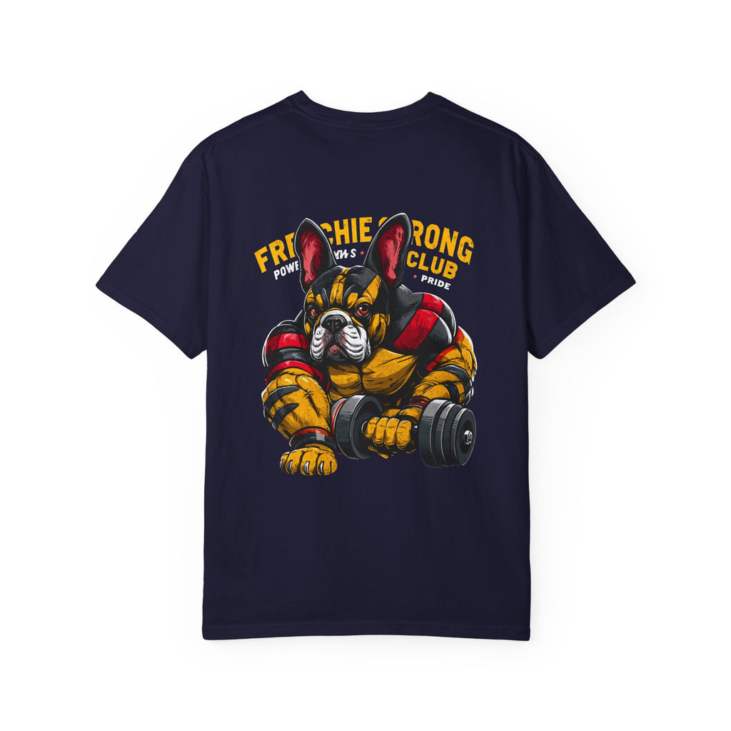Frenchie Strong Club T‑Shirt — French Bulldog Weightlifting Graphic Tee