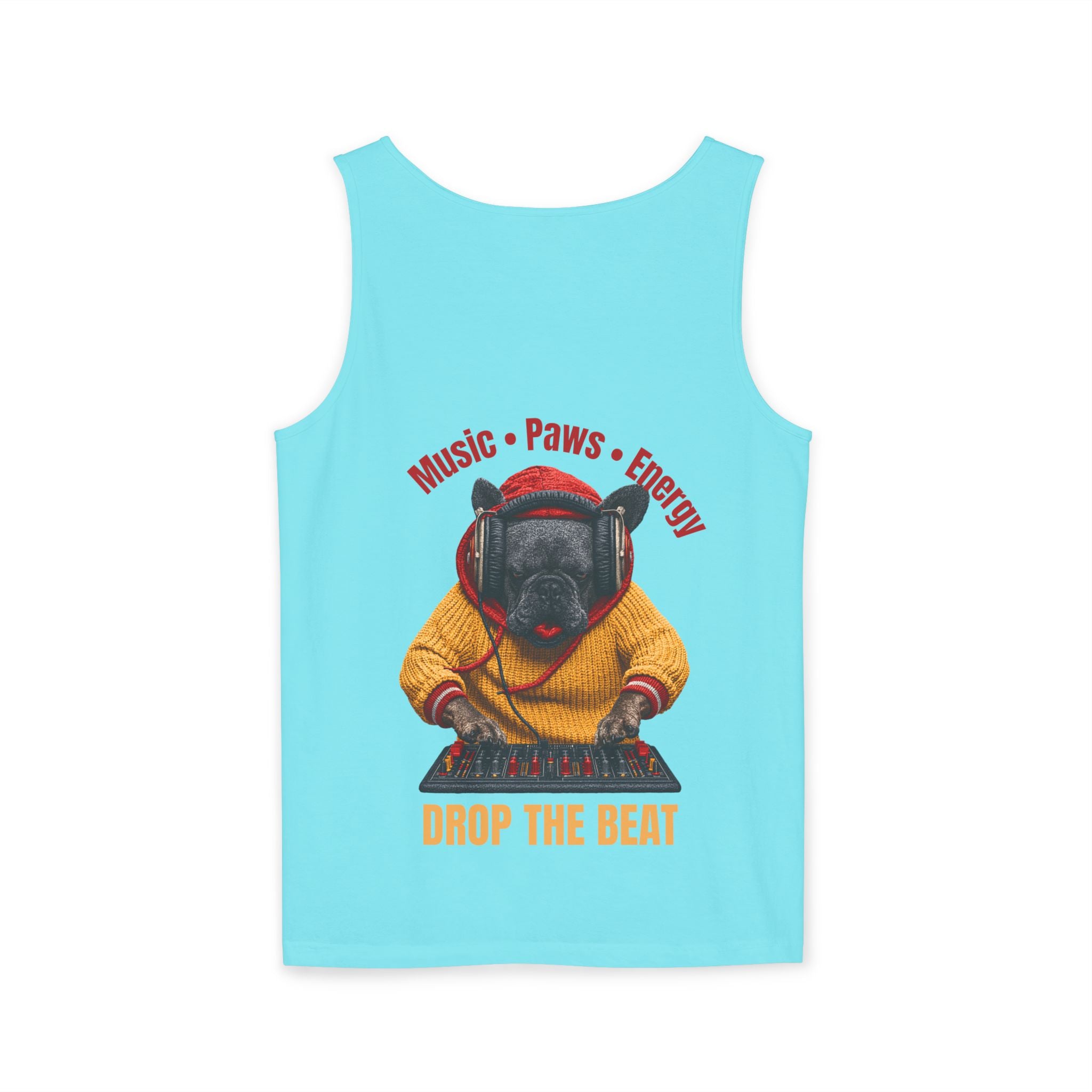 DJ Frenchie Dog Vest — "Music, Paw Prints, Energy: Igniting the Beat" Graphic Vest