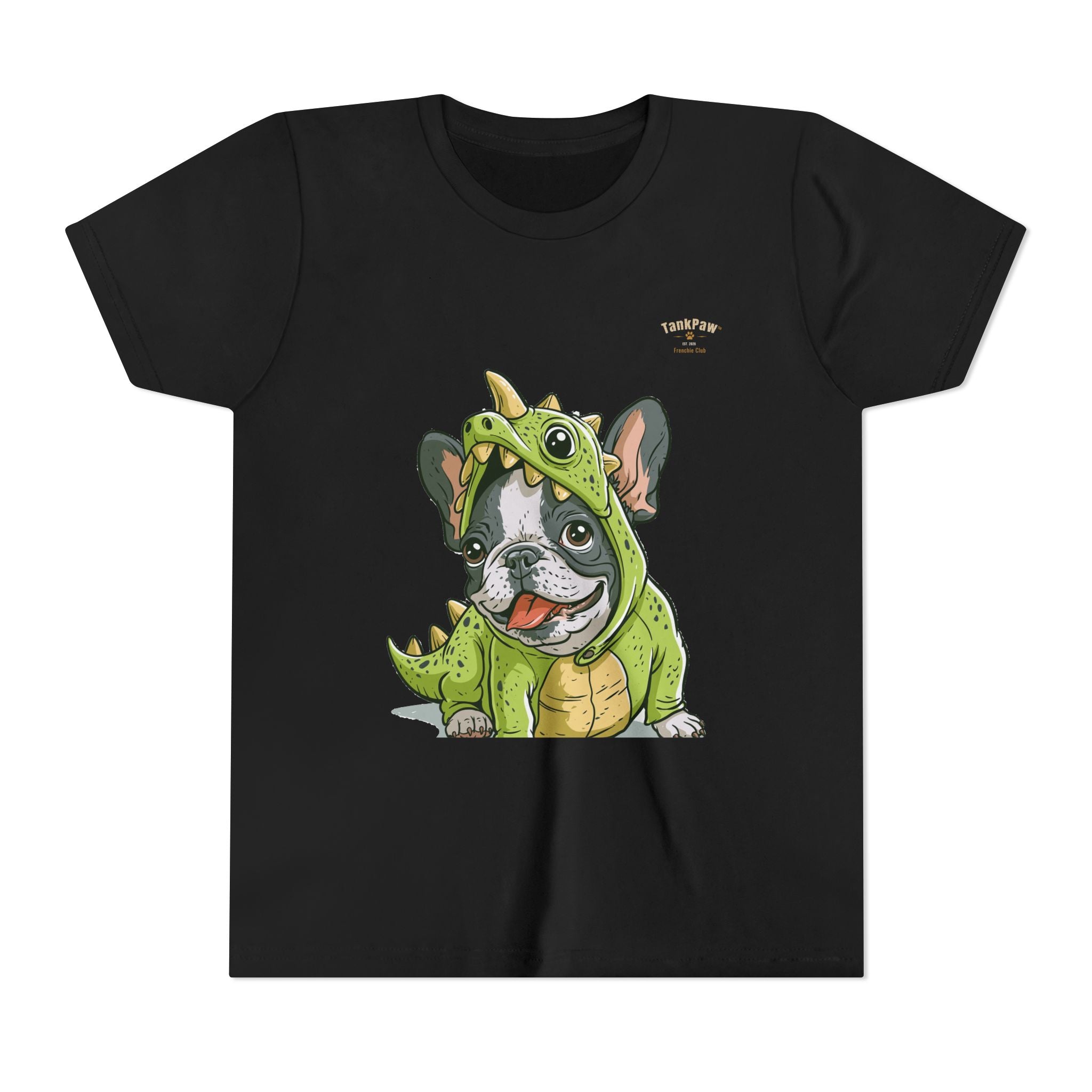 Kids Dino Costume Tee — Cute French Bulldog Puppy in Green Dinosaur Outfit