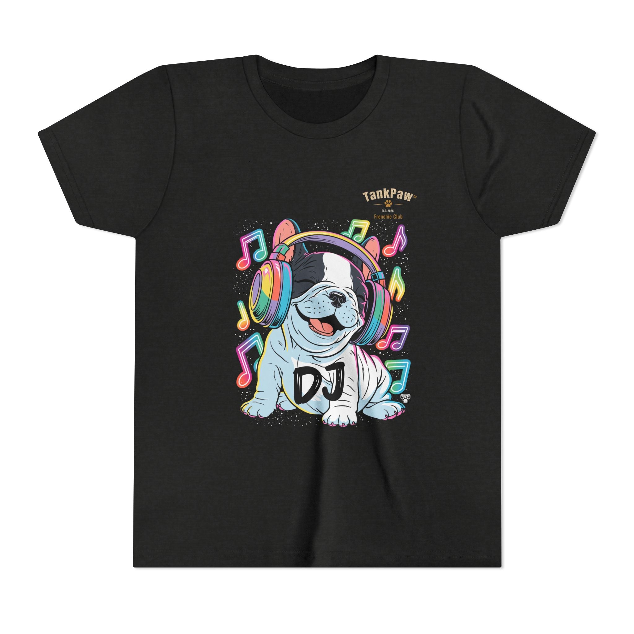DJ Bulldog Kids Tee — Colorful Headphones Music T-Shirt for Boys & Girls