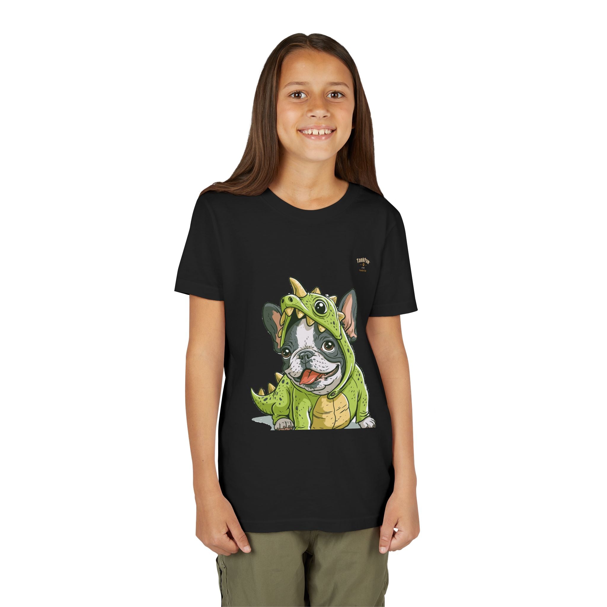 Kids Dino Costume Tee — Cute French Bulldog Puppy in Green Dinosaur Outfit