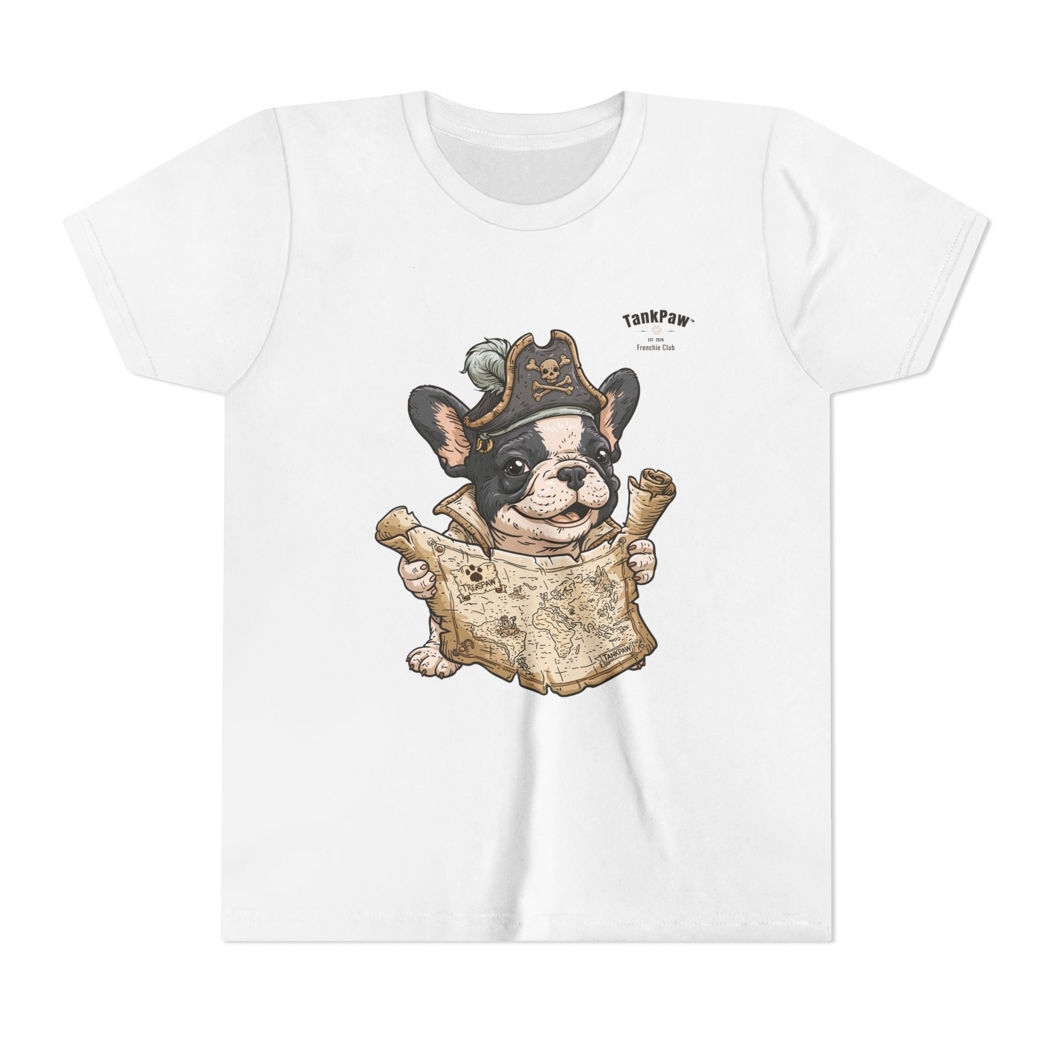 Kids Pirate Dog Tee — "Ahoy!" Map & Captain French Bulldog Youth T-Shirt