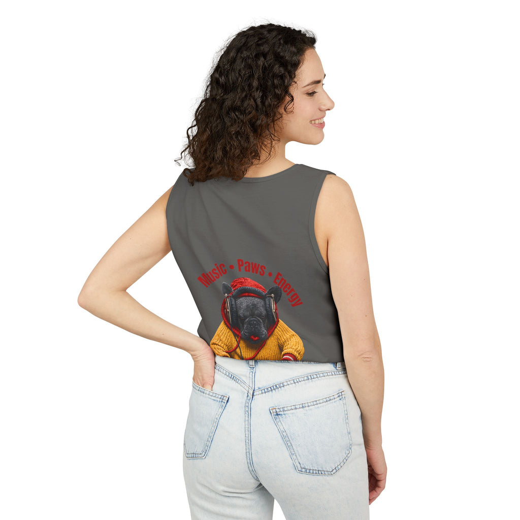 DJ Frenchie Dog Vest — "Music, Paw Prints, Energy: Igniting the Beat" Graphic Vest