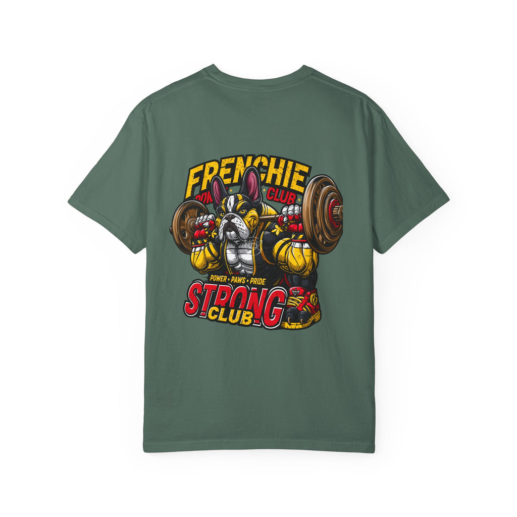 "Muscle-Style Frenchie Fitness T-Shirt — Cute French Bulldog Weightlifting Graphic Tee"
