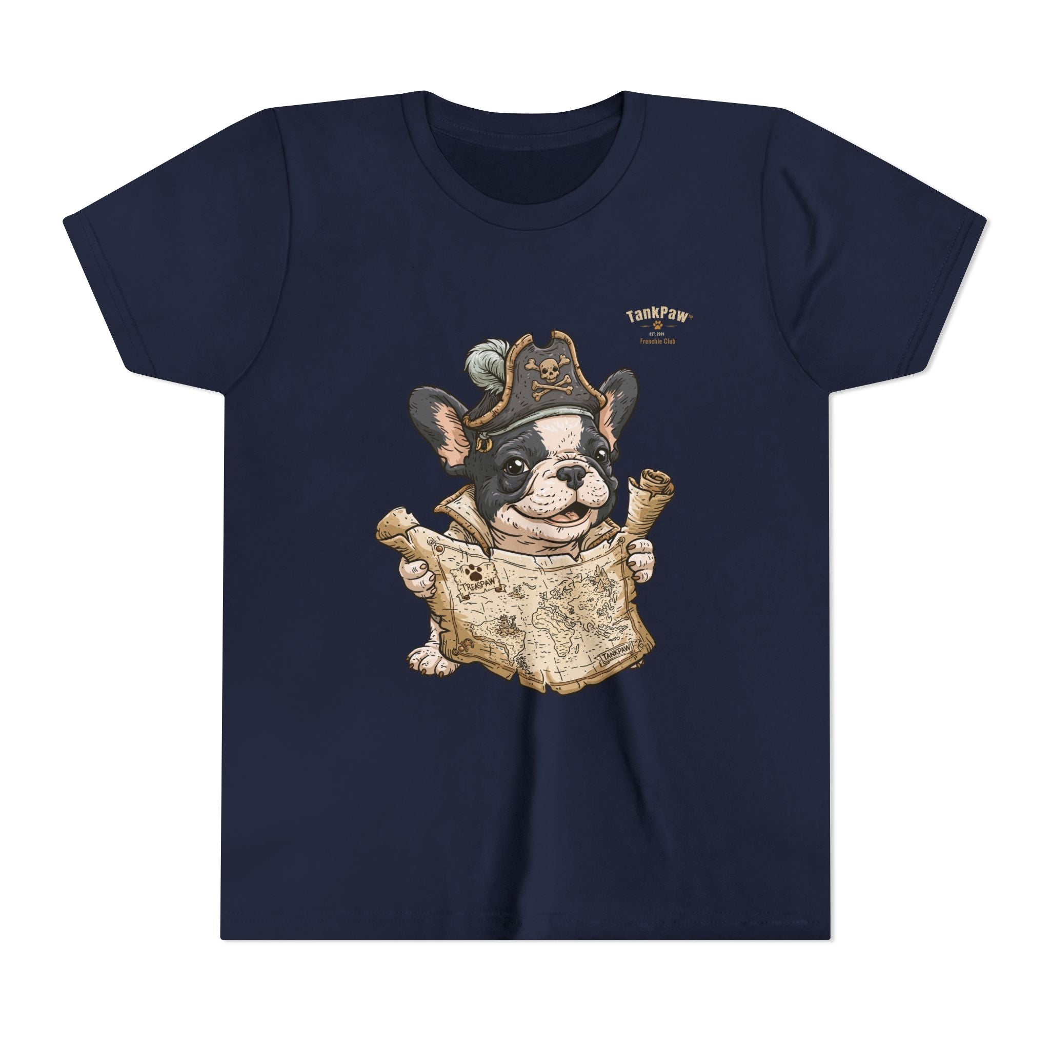 Kids Pirate Dog Tee — "Ahoy!" Map & Captain French Bulldog Youth T-Shirt