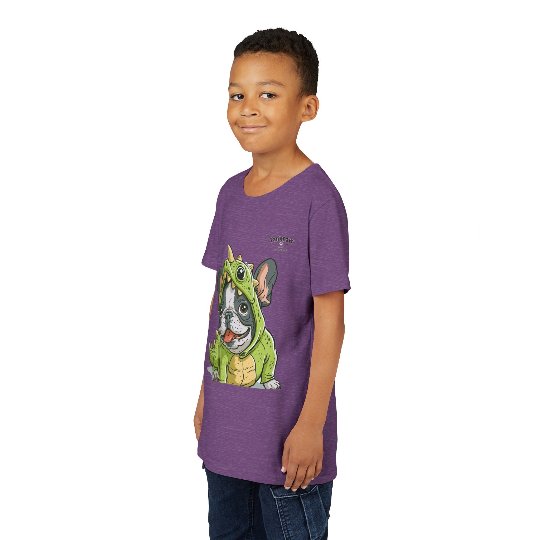 Kids Dino Costume Tee — Cute French Bulldog Puppy in Green Dinosaur Outfit