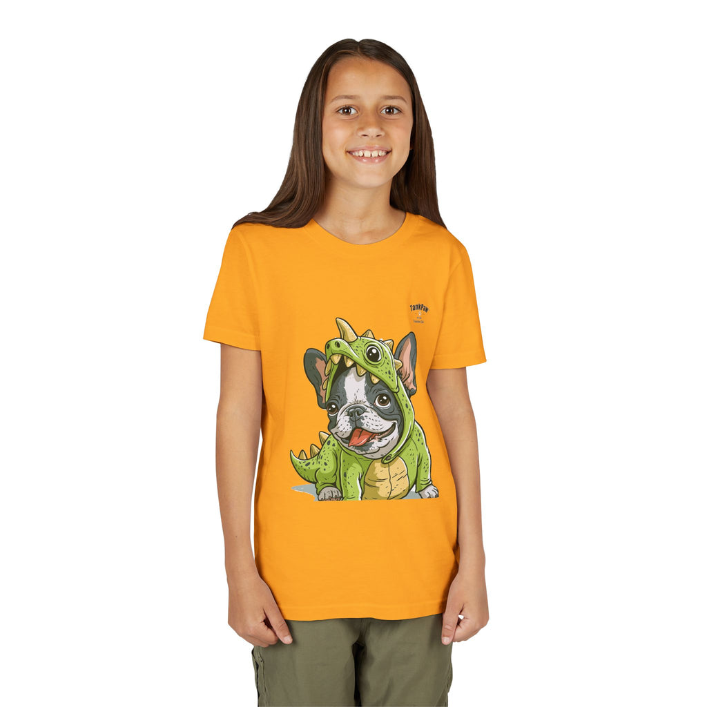 Kids Dino Costume Tee — Cute French Bulldog Puppy in Green Dinosaur Outfit