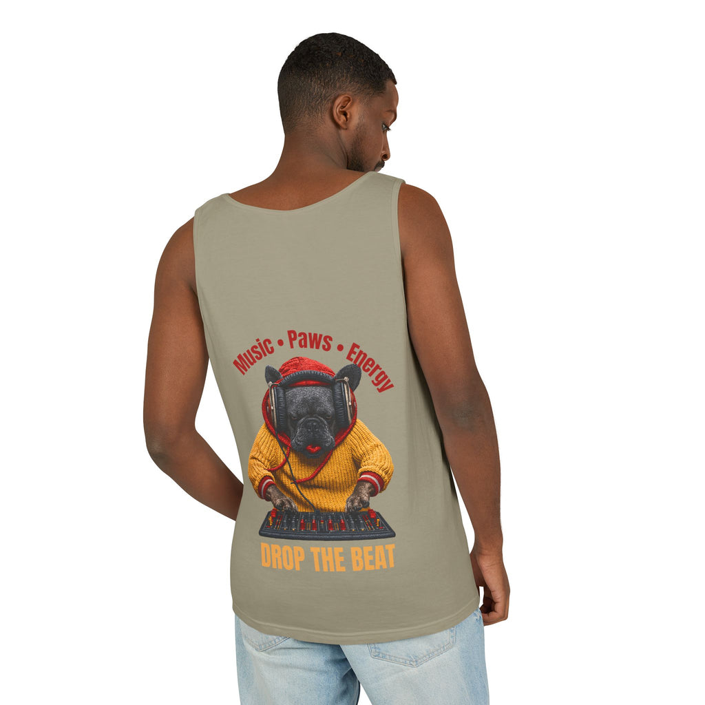 DJ Frenchie Dog Vest — "Music, Paw Prints, Energy: Igniting the Beat" Graphic Vest