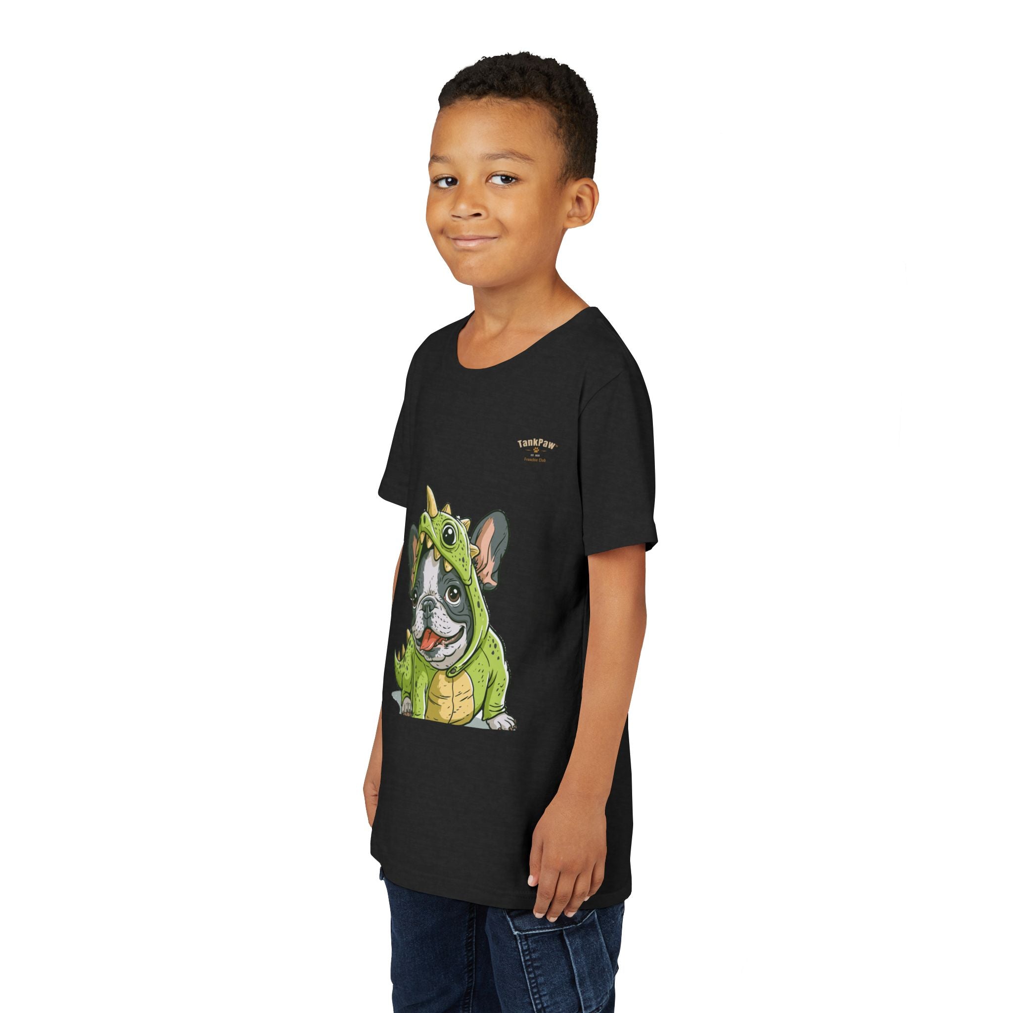 Kids Dino Costume Tee — Cute French Bulldog Puppy in Green Dinosaur Outfit