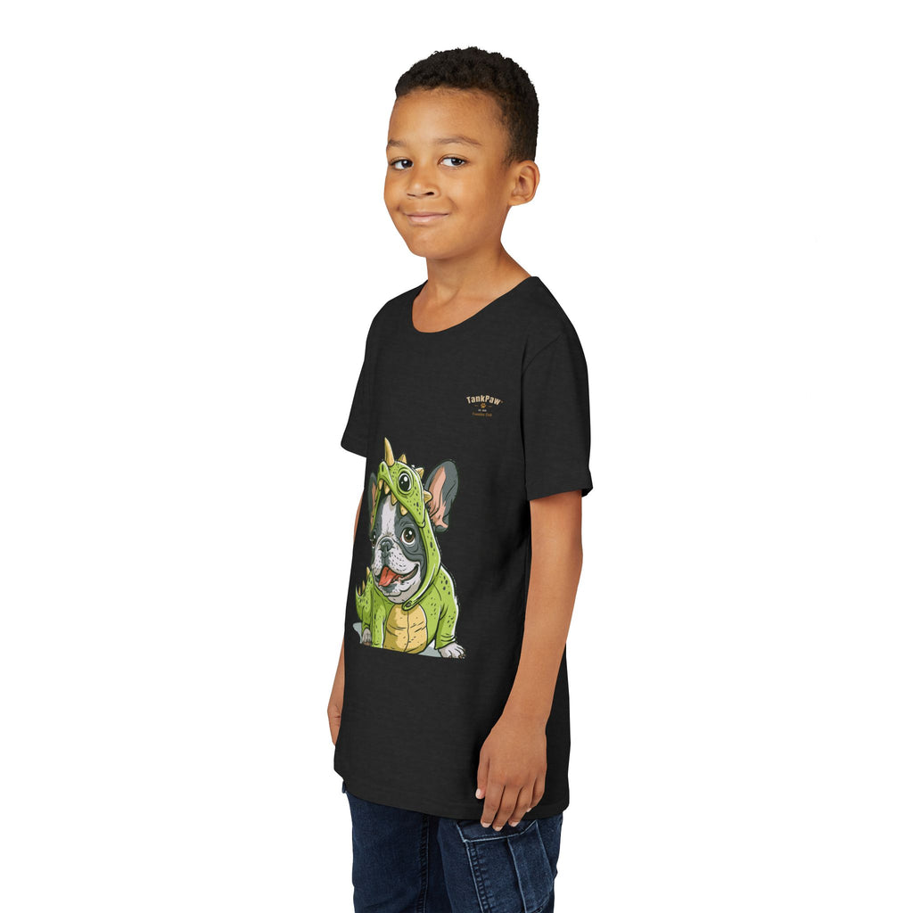Kids Dino Costume Tee — Cute French Bulldog Puppy in Green Dinosaur Outfit
