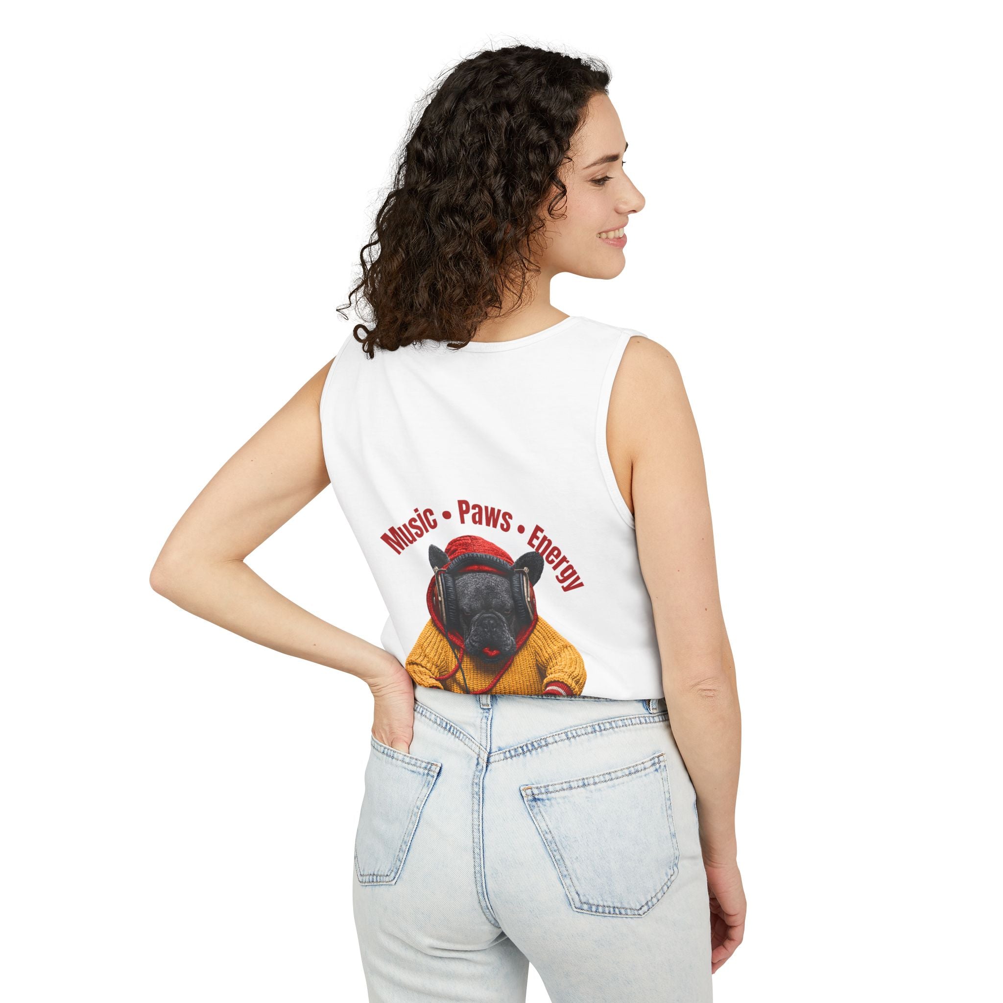 DJ Frenchie Dog Vest — "Music, Paw Prints, Energy: Igniting the Beat" Graphic Vest