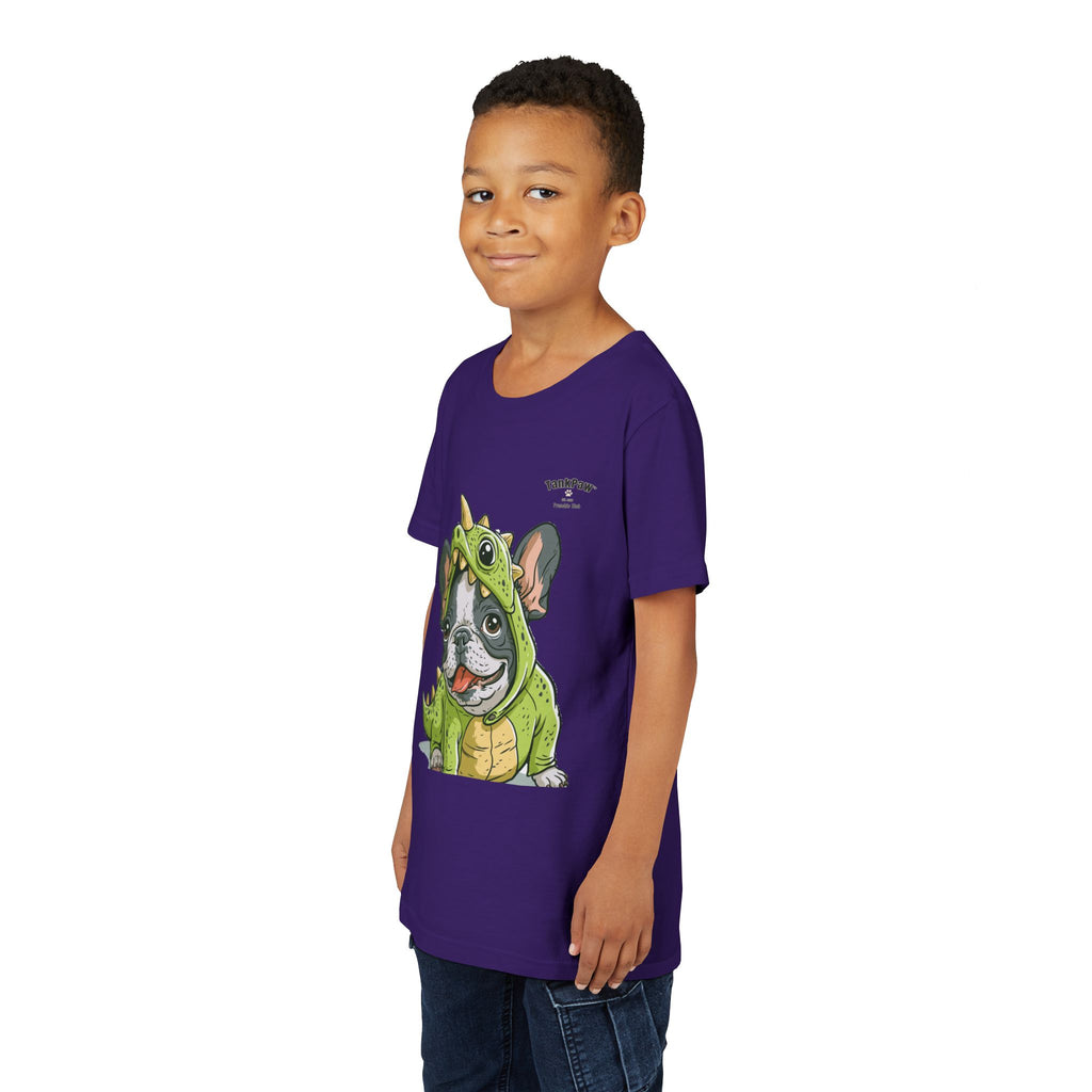 Kids Dino Costume Tee — Cute French Bulldog Puppy in Green Dinosaur Outfit