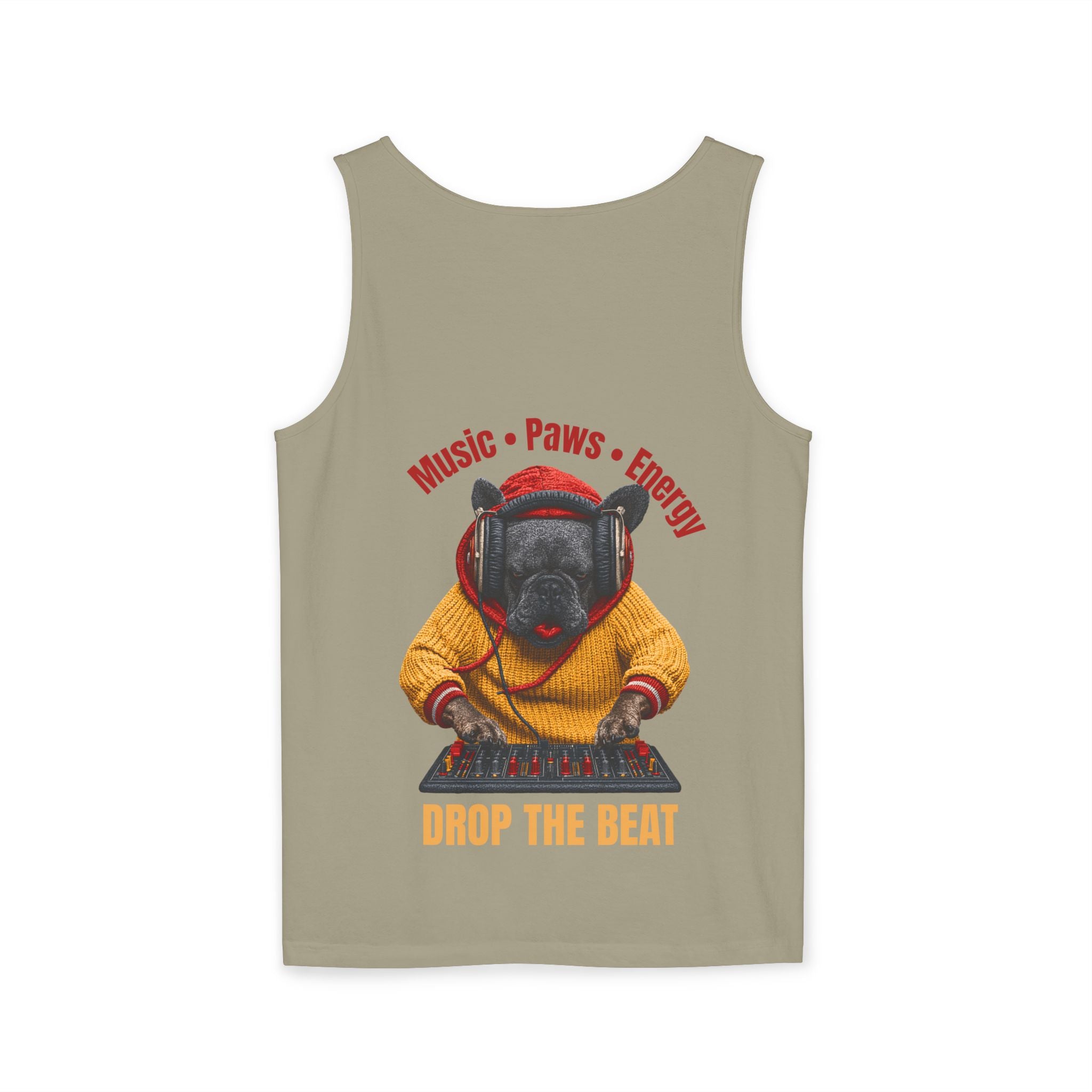 DJ Frenchie Dog Vest — "Music, Paw Prints, Energy: Igniting the Beat" Graphic Vest